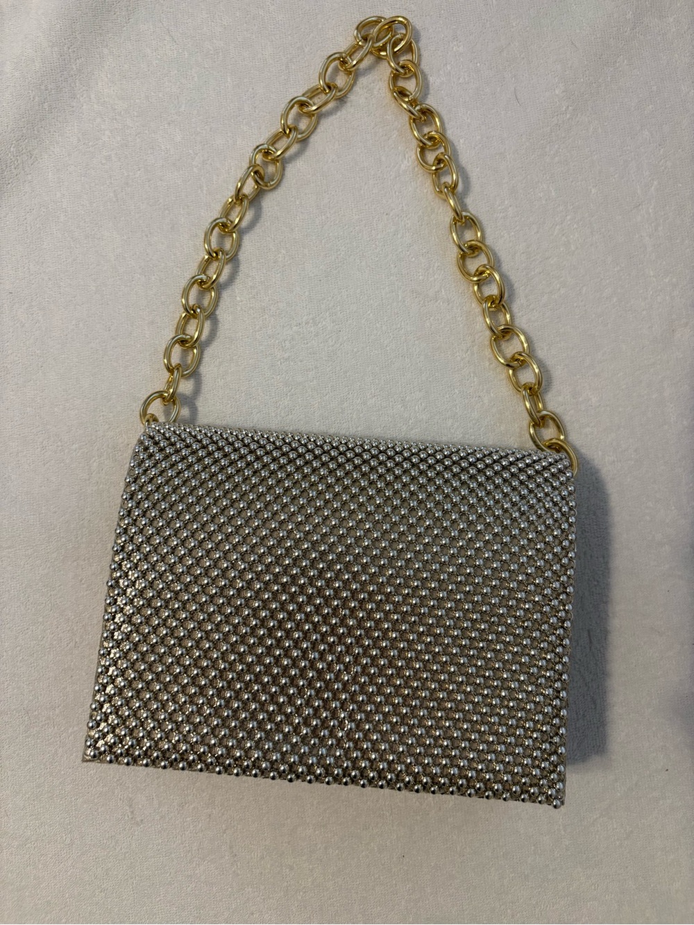 Silver Crystal Mesh Shoulder Bag with Gold Chain